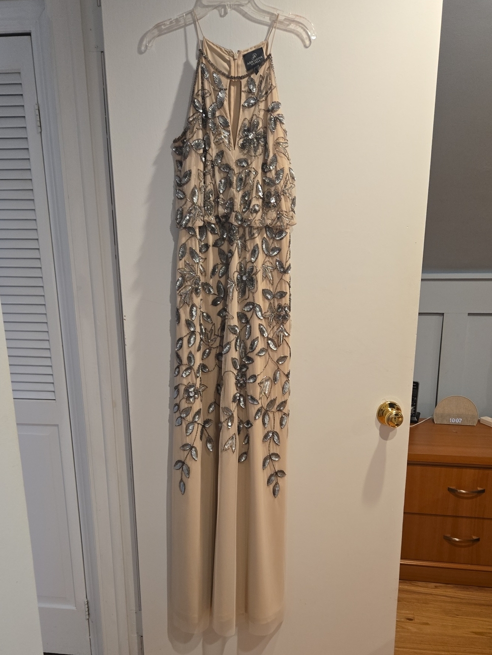 Adrianna Papell Champagne Beaded Halter Evening Gown